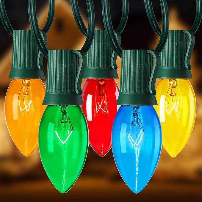 25 Feet C9 Bulb String Lights Outdoor Multicolored Christmas Lights Green Wire for Outdoor Patio Room Party Backyard Decoration, 25 Bulbs