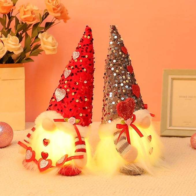 Light Up Gnome Valentine's Day Decorations Indoor Home Decor 11" Lighted Valentines Gnomes Decor Plush Scandinavian Tomte Elf Holiday Gnomes Ornaments Valentines Day Gifts for Her (Pink)