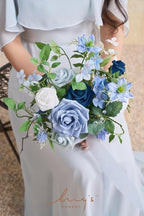 Ling's Moment Artificial Flowers Fake Silk Roses Faux Foam Gardenia Combo for DIY Wedding Bouquets Centerpieces Arrangements Bridal Shower Party Home Decorations, Dusty Blue & Ivory, 23pcs