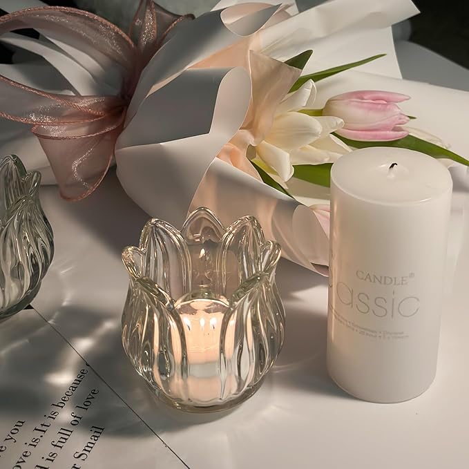 Tulip Votive Candle Holders Set of 6, Tea Light Candle Holder Glass for Table Centerpiece, Tealight Candle Holders for Wedding Déco, Birthday, Anniversary, Parties, and Holiday (Clear)