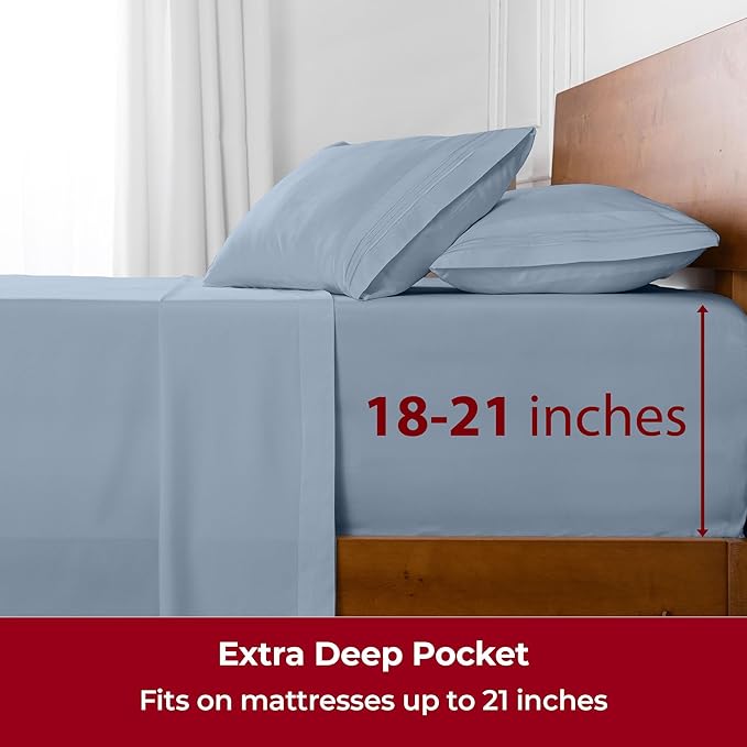 Mellanni Extra Deep California King Sheets - 4 PC Iconic Collection Bedding - Luxury, Ultra Soft, Cooling Bed Sheets - Wrinkle, Fade, Stain Resistant (Cal King, Blue Hydrangea)