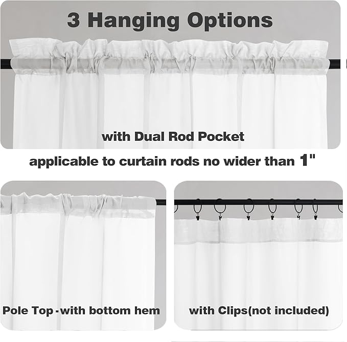 Chyhomenyc White Sheer Curtains 36 inch Length 2 Panels Set, Light Filtering Voile Rod Pocket Short Window Curtians for Bathroom Living Room Farmhouse Small Windows, Each 42Wx36L in, 2PCS, White