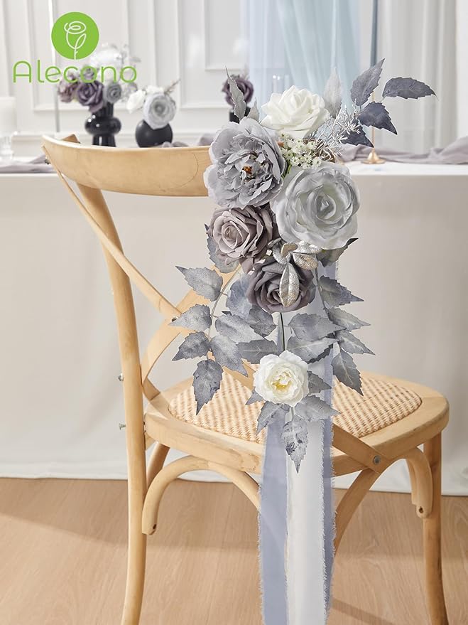 Alecono Artificial Flowers, Silver Silk Fake Flowers for DIY Wedding Cake, Grey Faux Flowers for Table Centerpieces Baby Shower Birthday Party Home Decorations