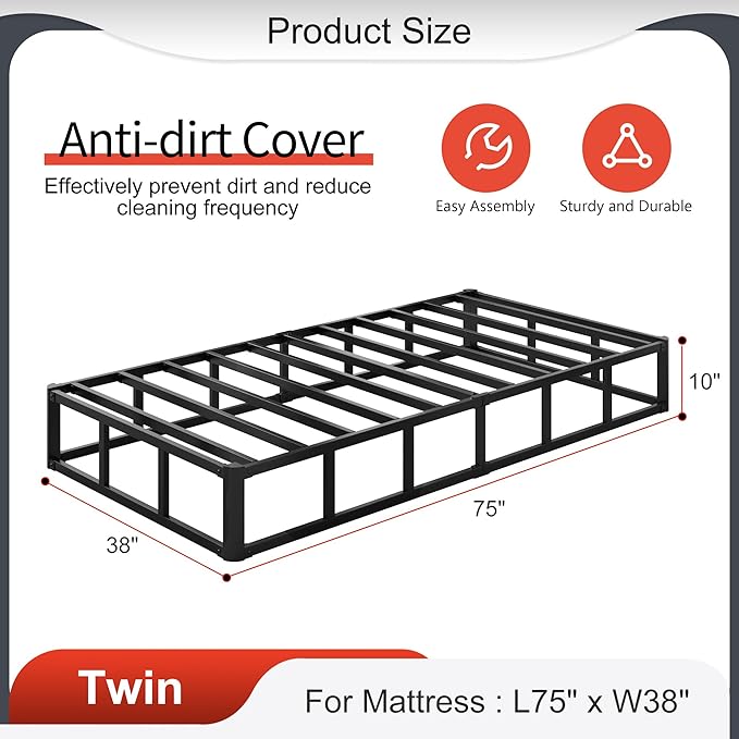 10 Inch High Profile Twin Box Spring Heavy Duty Metal Box Spring Twin with Fabric Cover, Sturdy Mattress Foundation, Easy Assembly, Noise Free, Black