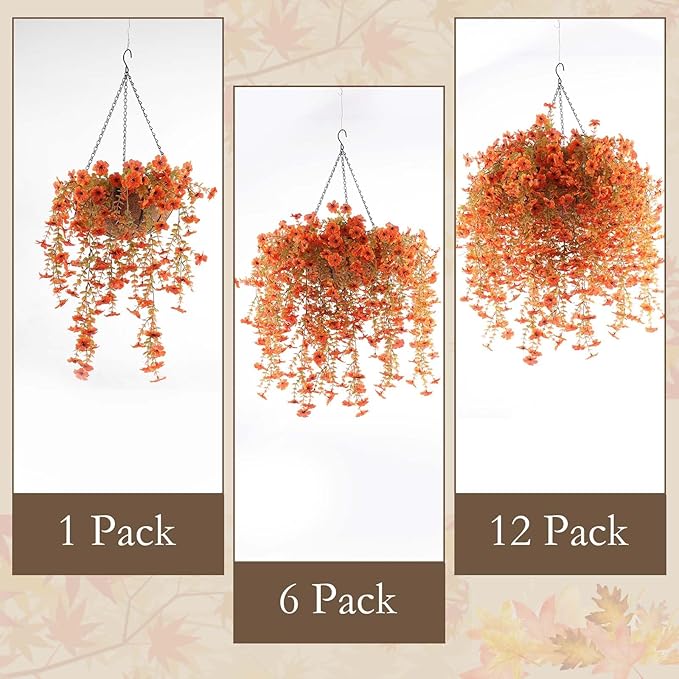 6 Pcs Artificial Hanging Mums Flowers Outdoor, Orange UV Resistant Fake Hanging Fall Plants for Outdoor Planter Patio Front Door Window Autumn Decoration (6, Orange)
