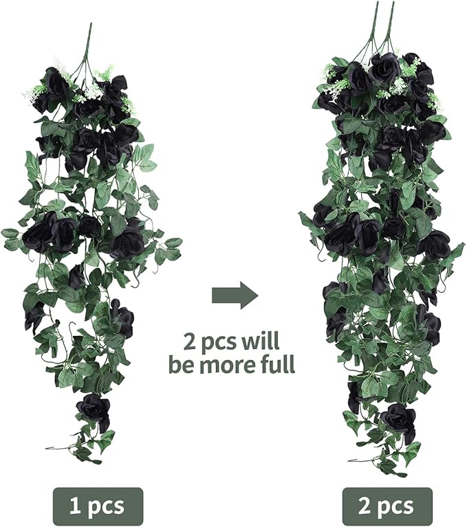 RECUTMS Flowers Artificial Hanging Plants 2PCS 3.3Ft Rose Vine for Home Room Garden Wedding Indoor Outdoor Decoration (Black)