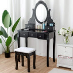 Giantex Vanity Set with Oval Mirror & Cushioned Stool, Makeup Dressing Table Large Storage with 5 Drawers, Mirrored Bedroom Vanities Makeup Table for Kids Girls Women, Easy Assembly (Black)