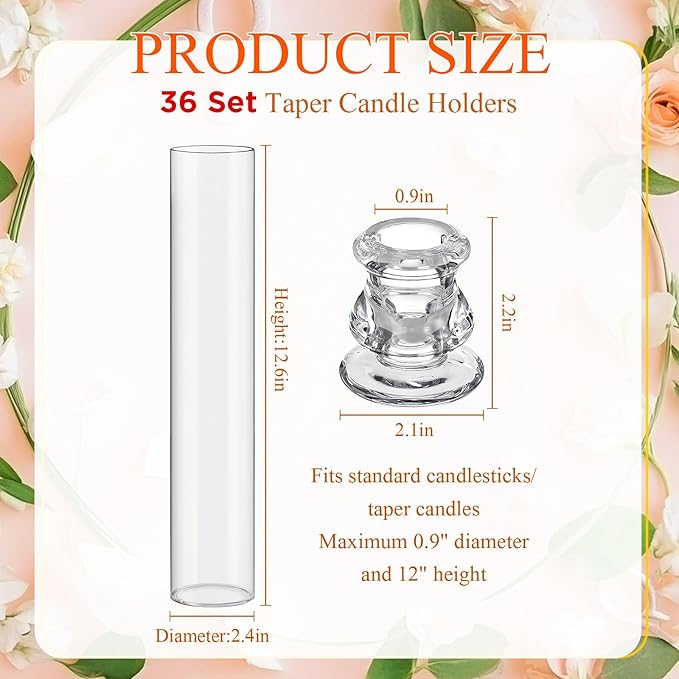 36 Set Christmas Glass Hurricane Candle Holders 12.6" Open Ended Glass Candleholder Tube Shape Bottomless and 2.2" Taper Clear Candlestick Holders for Wedding Party Table Centerpiece (Clear)