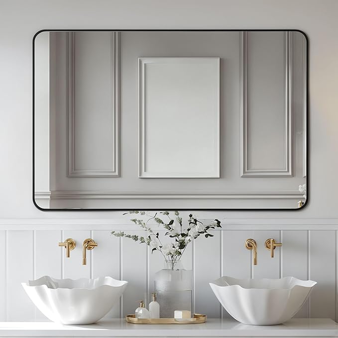Antok Bathroom Mirror,60"x30" Wall Mirror, Decorative Mirrors Vanity Mirror Aluminum Alloy Frame Contemporary Hanging Mirror for Living Room Bathroom Entryway,Black,Round Corner