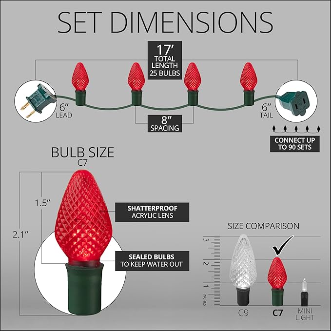 Wintergreen Lighting 25 C7 Red LED Christmas Lights, 17 Ft – Indoor Outdoor Red C7 String Lights for Christmas, Valentine’s Day, and Party Decor