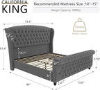 AMERLIFE California King Size Platform Bed Frame, Velvet Upholstered Sleigh Bed with Scroll Wingback Headboard & Footboard/Button Tufted/No Box Spring Required/Grey