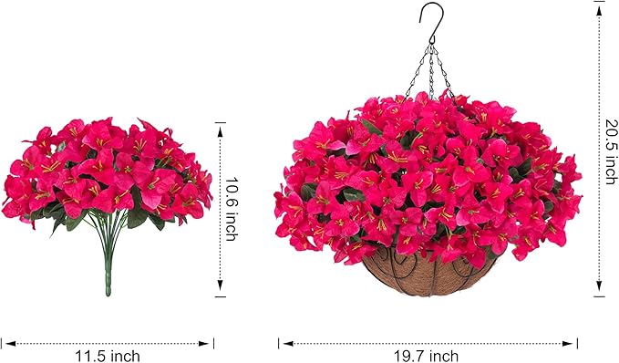 Artificial Fake Hanging Flowers Plants Basket for Outdoors Decoration, Faux Silk Bougainvillea Flowers in Planter UV Resistant Realistic Flower for Outside Porch Patio Garden Yard Home Decor (Hotpink)