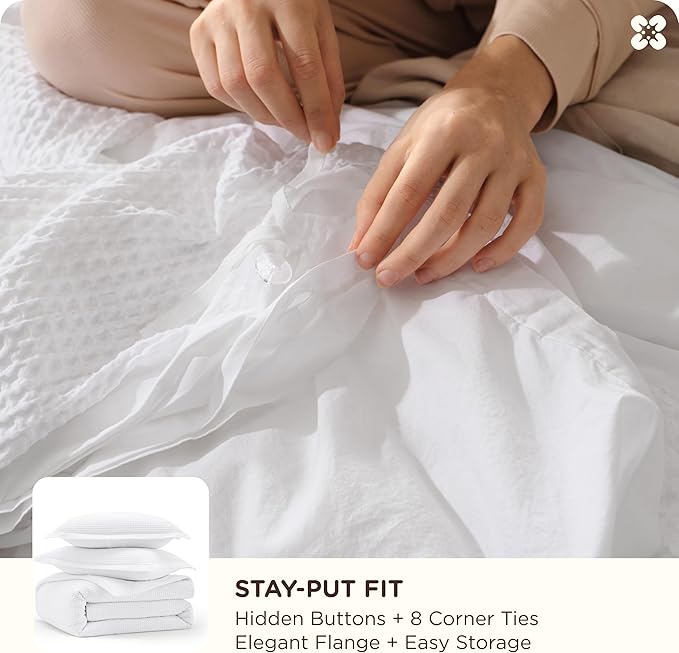 Bedsure Cotton Duvet Cover Queen - 100% Cotton Waffle Weave Bright White Duvet Cover Queen Size, GentleSoft™ and Breathable Bedding Set for All Season, 3 Pieces, 90"x90"