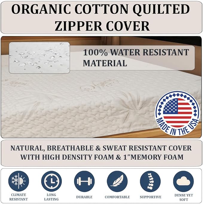 Foamma 12” x 24” x 72” Truck, Camper, RV High Density Foam Bunk Mattress, Organic Cotton Cover, Made in USA, Comfortable, Travel Trailer, CertiPUR-US Certified