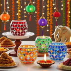 SHMILMH Mosaic Candle Holders Set of 4, Handmade Glass Tealight Votive Holders, Vibrant Red Yellow Blue Green for Diwali Christmas Wedding Party Decor, Year-Round Festive Centerpiece