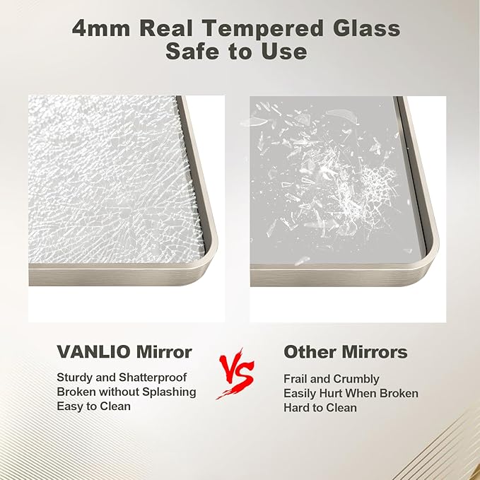 24x32 Inch Brushed Nickel Bathroom Mirror, Brushed Silver Metal Framed Wall Mirror, Rounded Corner Rectangle Modern Vanity Mirror, Tempered Glass, Anti-Rust, Shatterproof (Horizontal/Vertical)