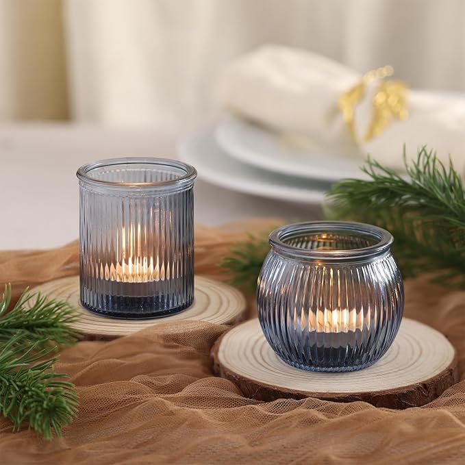 24pcs Assorted Blue Votive Candle Holders for Wedding Decorations, Ribbed Tea Lights Candle Holder Glass, Blue Candle Holders for Table Centerpiece, Party and Holiday Decorations