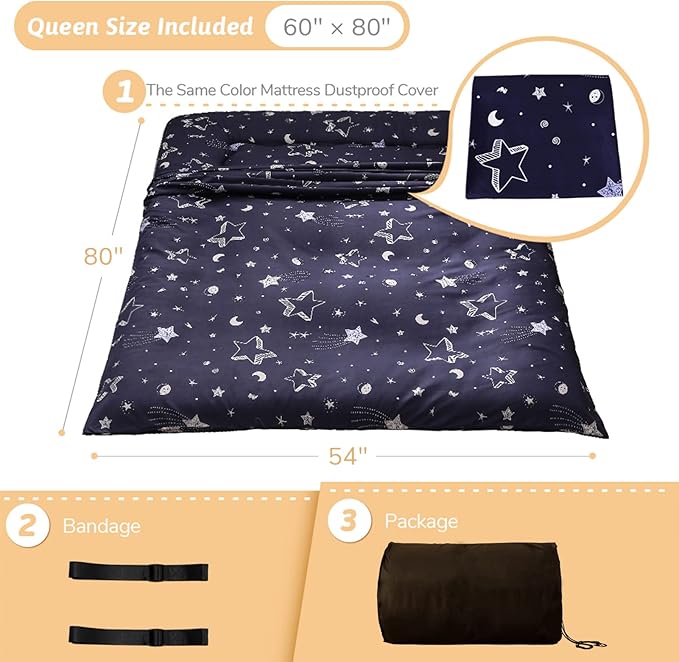 MAXYOYO Japanese Futon Mattress Floor Mattress Sleeping Pad Foldable Bed Roll Up Camping Cushion Floor Lounger Bed Couches and Sofas Couch Topper, Moon and Star, Queen Size