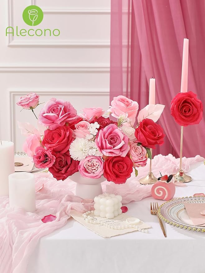 Alecono Artificial Flowers, Hot Pink Fake Flowers Combo Box with Stems for DIY Wedding Bridal Bouquets, Cake Home Decor Indoor Outdoor