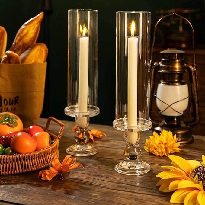 Hurricane Candle Holder Glass Taper Hurricane Clear Tall Candlestick Candles Holders Table Centerpiece Wedding Party Dining Event Home Decor (2)