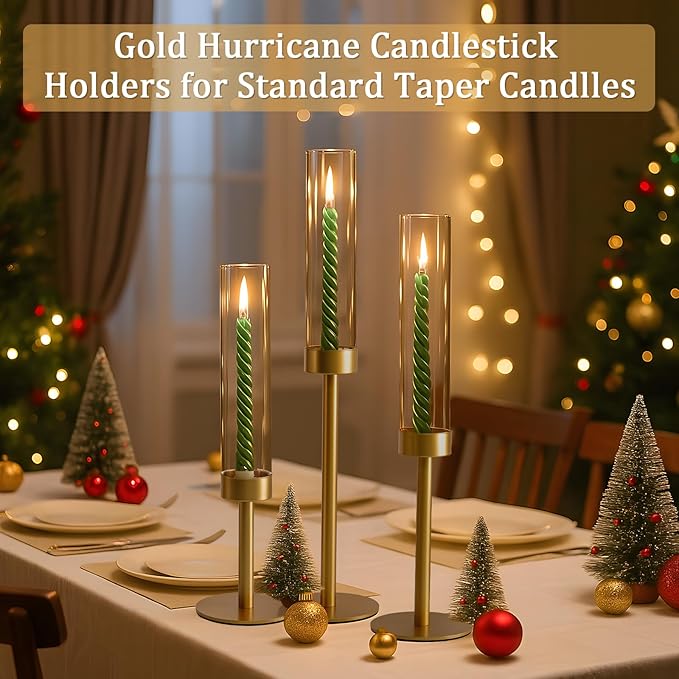 3Pcs Hurricane Glass Candle Holders Gold Candlestick Holders Taper Candle Holder with 9.8" Windproof Clear Cylinder Covers for Outdoor Indoor Tall Candle Stick Holder Decor for Wedding Party Fireplace