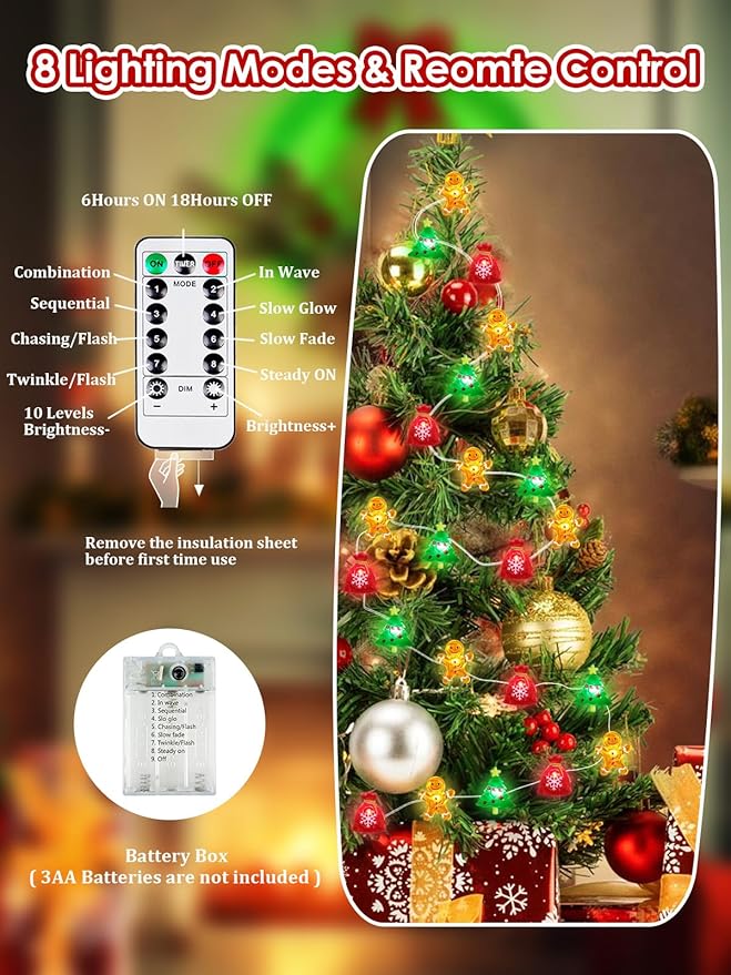 Christmas Fairy Lights Battery Operated with Remote, 10FT 30 LED Gingerbread Man Christmas Tree Lucky Bag String Lights with 8 Modes & Timer, Twinkle Lights for Outdoor Indoor Party Xmas Decorations