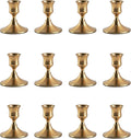 Gold Taper Candle Holder, Brass Candlestick Holders, Vintage Metal for Table Centerpieces Wedding Christmas Decor (Gold, 12 Pcs)