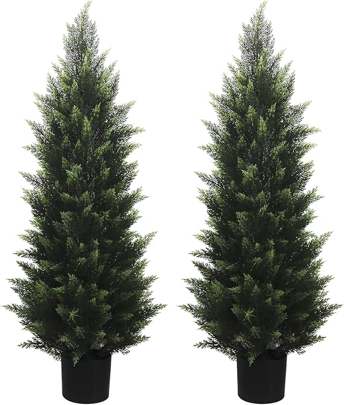 4FT Artificial Cedar Topiary Tree Lifelike Faux Cedar Pines Christmas Trees UV Rated Faux Shrubs Everygreen Plants for Front Porch Outdoor Decor Set of 2