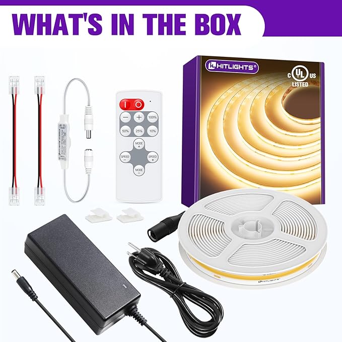 HitLights COB LED Strip Lights Kit Warm White with Remote & 24V Power Supply,16.4ft Dimmable Tape Light 3000K, 2560LEDs, 350+LM/FT, UL Listed, Flexible Rope Lights for Bedroom Kitchen Cabinet Lighting