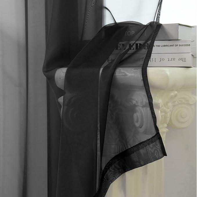 HUTO Black Sheer Curtains 54 inches Long for Bedroom Top Rod Pocket Sheer Window Panels Curtains for Nursery Living Room 52 by 54 Inch Length Set of 2