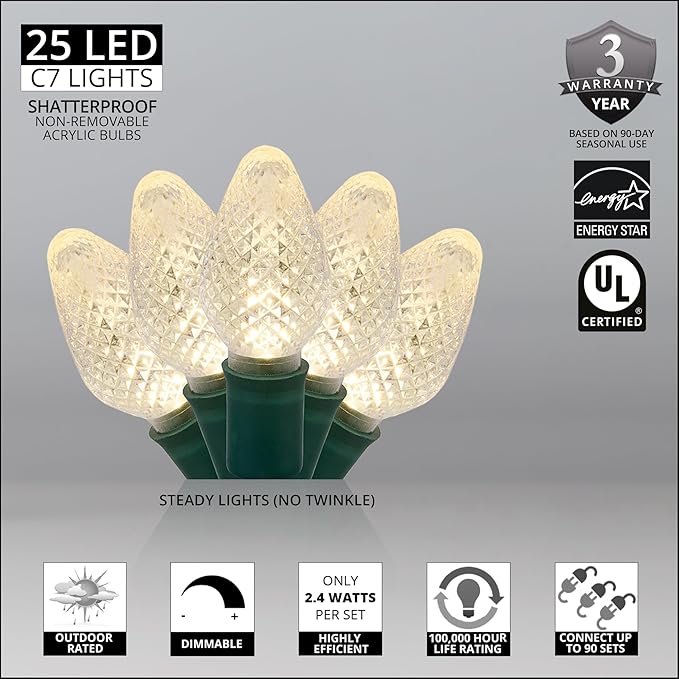 Wintergreen Lighting 25 C7 Warm White LED Christmas Lights – 17 ft Indoor Outdoor String Lights for Trees, Rooflines, and Events