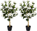3FT Artificial Camellia Tree, 2 Pack Fake Camellia Tree Artificial Tree, Faux Floral Plants in Cement Pot, Greenery Potted Plant for Indoor Outdoor Home Office Porch Decor (White)