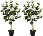 3FT Artificial Camellia Tree, 2 Pack Fake Camellia Tree Artificial Tree, Faux Floral Plants in Cement Pot, Greenery Potted Plant for Indoor Outdoor Home Office Porch Decor (White)