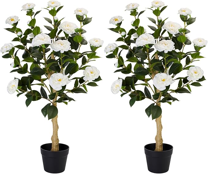 3FT Artificial Camellia Tree, 2 Pack Fake Camellia Tree Artificial Tree, Faux Floral Plants in Cement Pot, Greenery Potted Plant for Indoor Outdoor Home Office Porch Decor (White)
