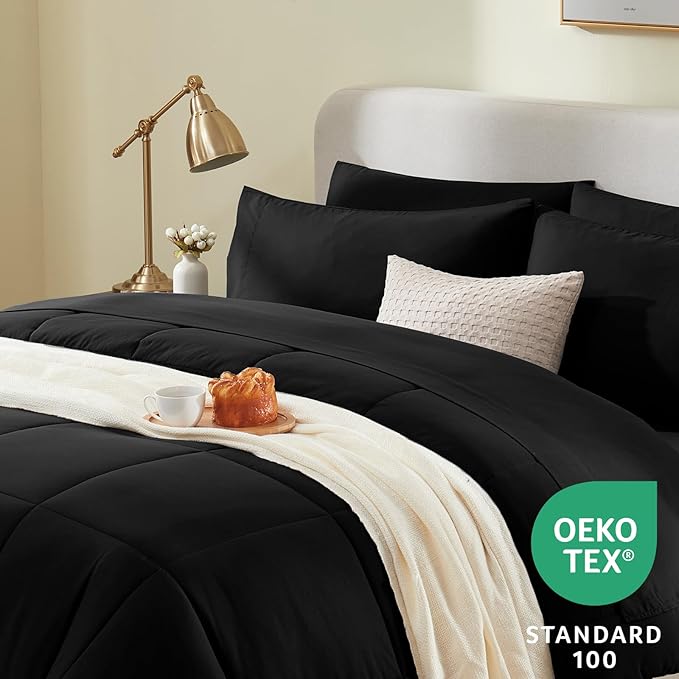 CozyLux Twin Comforter Set with Sheets Black, 5 Pieces Bed in a Bag, Black Comforter Twin Size, All Season Bedding Set with Stitch Quilted Comforter, Flat Sheet, Fitted Sheet, Pillowcases