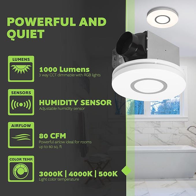 Homewerks 7141-80-RGB Bathroom Fan with Light LED Color Changing and Dimmable, SmartVent Humidity Sensing Ventilation Fan with Remote, 80 CFM 1.0 Sones
