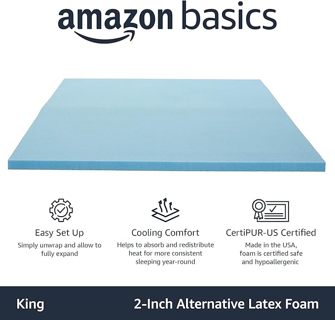 Amazon Basics Alternative Latex King Mattress Topper, Cooling Gel-Infused, CertiPUR-US Certified, 2 Inches, Blue
