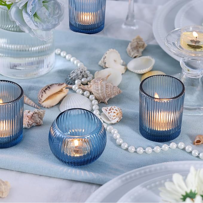 30pcs Assorted Ribbed Blue Votive Candle Holders, Blue Candle Holders for Wedding Table Centerpiece, Tea Light Candle Holder for Bridal Shower, Propose Party, Brithday and Holiday Decorations