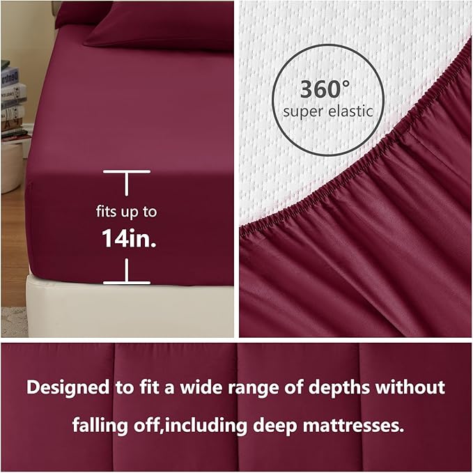 CozyLux King Size Comforter Set Burgundy, 7 Pieces Bed in a Bag, Red Comforter King Size, All Season Bedding Sets with Stitch Quilted Comforter, Flat Sheet, Fitted Sheet, Pillowcases