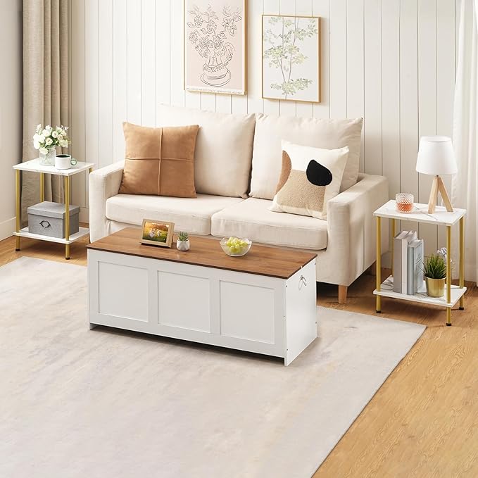 HOOBRO End Tables Set of 2, Small Side Table, Nightstand with 2-Layer Storage Shelves, Sofa Table for Small Spaces, Living Room, Bedroom, Stable Frame, Easy Assembly, Gold and Marble DM09BZP201