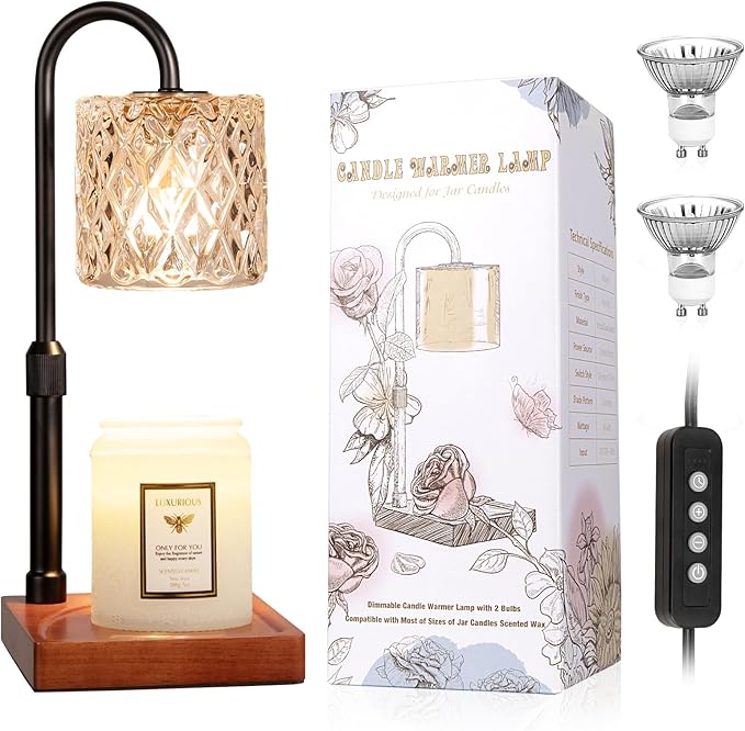Hong-in Candle Warmer Lamp with Timer -Dimmable Adjustable Height Wax Melt Warmer for Jar Candles,Vintage Home Decor with Elegant Amber Glass,Birthday Gifts for Women, Mom, Friend