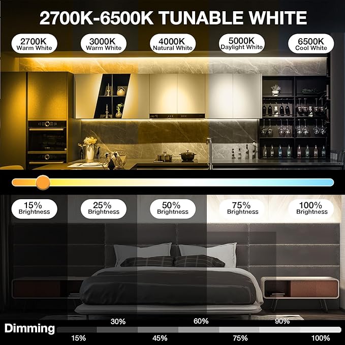 COB LED Strip Lights, Tunable White 2700K-6500K COB Light Strip with RF Remote, 3040 LEDs, CRI90+, 24V Adapter, Dimmable High Density Uniform LED Lights for Bedroom, Kitchen, Cabinet, 16.4ft