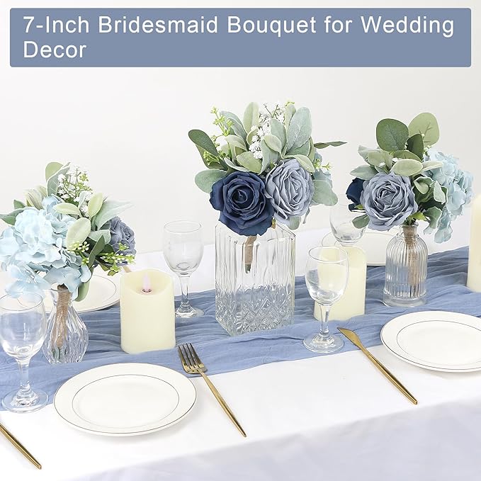 Artificial Bridesmaid Bouquets - Set of 4 Silk Rose Flowers Bouquet Wedding Rustic Small Floral Centerpieces for Marriage Proposal Party Anniversary Dining Table Decorations - Blue,7 Inch