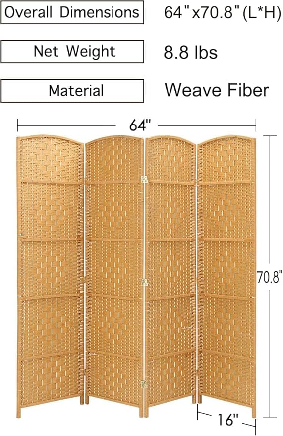 6 ft. Tall-Extra Wide-Diamond Weave Fiber Room Divider - Light Beige - 4 Panel