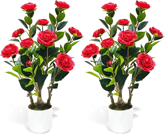 2Pack Artificial Camellia Tree, 2FT Faux Camellia Plant in Pot with Red Flowers for Spring Home Front Door Outdoor Indoor Decoration,Red