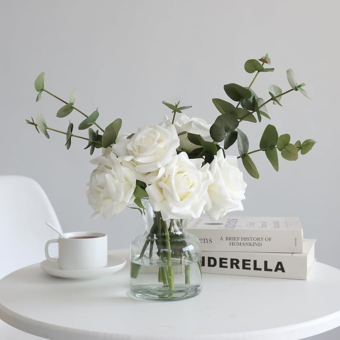 Artificial Flowers with White Roses in Vase, Fake Flowers Bouquet with Vase, Silk Flower Arrangements with Artificial Flowers for Home Dining Table Decor(No Fake Water).