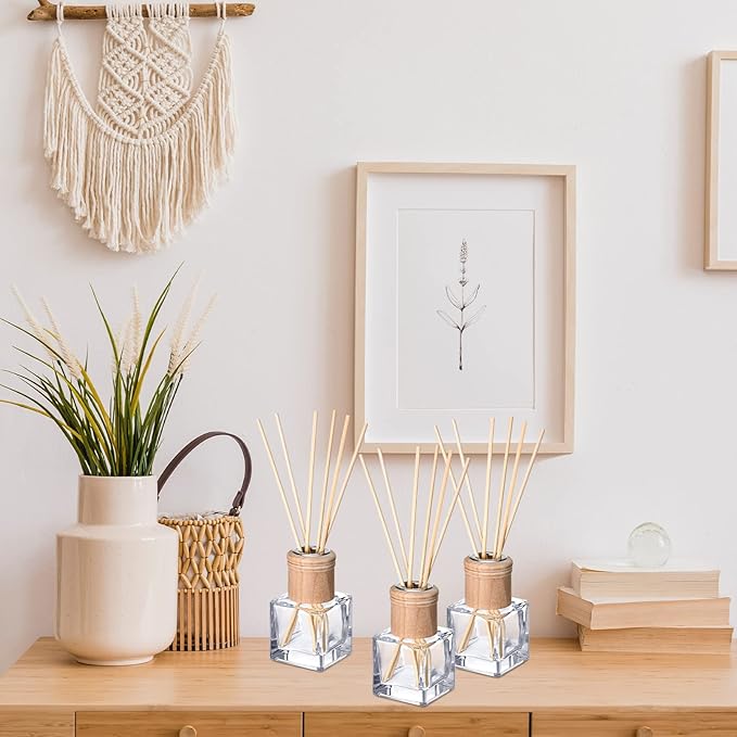 Roshtia 4 Set Reed Diffuser Bottle Empty Refillable Fragrance Glass Diffuser Bottles with Wooden Caps Rattan Sticks 50ml 1.7 oz Glass Jars for DIY Fragrance