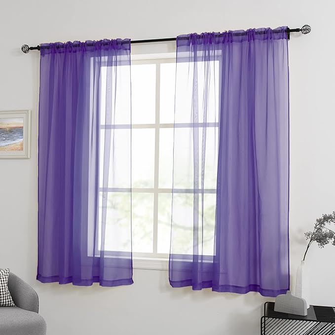 HUTO Purple Sheer Curtains 63 Inch Length for Girls Room Rod Pocket Voile Curtain Panels for Bedroom Living Room,Set of 2 Panels,52”x63”