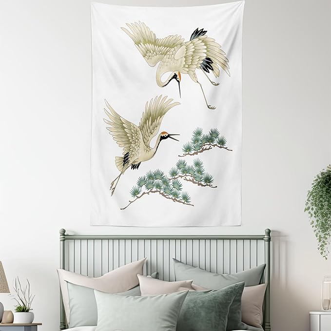 Lunarable Bird Tapestry, 2 Japanese Cranes Flying Traditional Painting Style Far Eastern Illustration, Fabric Wall Hanging Decor for Bedroom Living Room Dorm, 30" X 45", Ivory Green Black