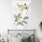 Lunarable Bird Tapestry, 2 Japanese Cranes Flying Traditional Painting Style Far Eastern Illustration, Fabric Wall Hanging Decor for Bedroom Living Room Dorm, 30" X 45", Ivory Green Black